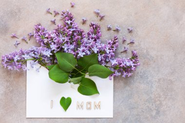 Beyaz bir kağıt zarf içinde taze kokulu leylak bir buket 