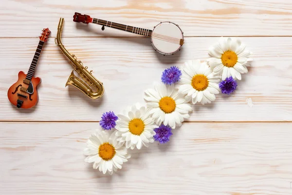 Banjo em miniatura, saxofone, guitarra, margaridas e flores de milho — Fotografia de Stock