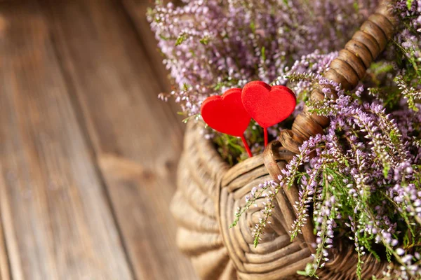 Bellissimo bouquet fresco di erica foresta in fiore nel cesto — Foto Stock