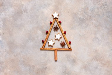 Orijinal Noel ağacı tarçın çubukları ve beton açık kahverengi arka plan üzerinde yıldız şeklinde çerezleri ile kırmızı çilek yapılmış. Noel ve Yeni Yıl konsepti