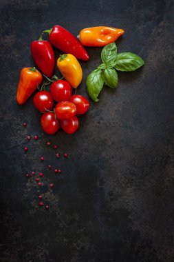 Taze sebze ve baharatların yakın plan fotoğrafı. Koyu beton masa arkaplanındaki üst görünüm