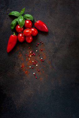 Taze sebze ve baharatların yakın plan fotoğrafı. Koyu beton masa arkaplanındaki üst görünüm