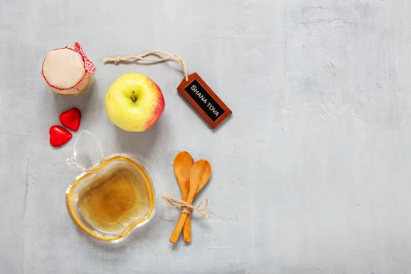 Apples Honey Concept Rosh Hashanah Jewish New Year Top View — Foto de Stock