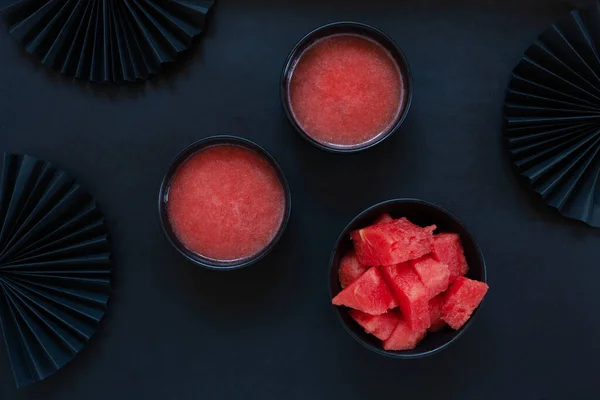 Ovanifrån Färsk Iskall Hemmagjord Vattenmelon Sorbet Granita Smoothie Svart Bakgrund — Stockfoto