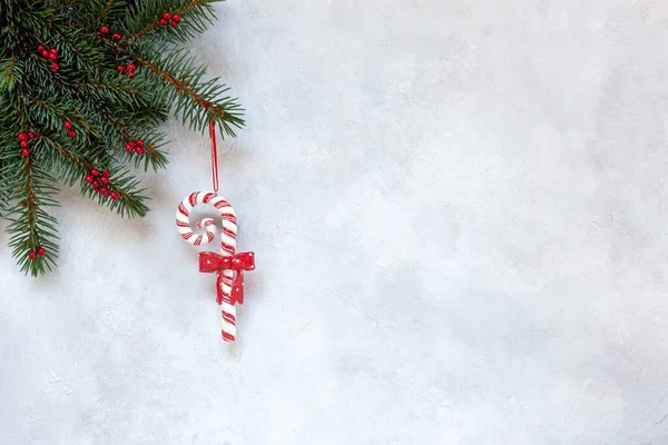 モミの木の枝 赤い果実 サンタの縞模様の杖を持つクリスマス休暇の背景 トップビュー 白い背景で閉じます — ストック写真