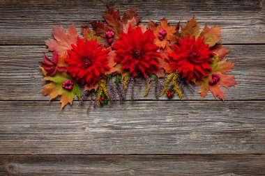 Sonbahar çiçekleri desenli renkli sonbahar yaprakları, kırmızı yıldız çiçekleri ve eski ahşap arka planda elmalar. Üst görünüm, yakın çekim, düz görünüm, metin için yer.