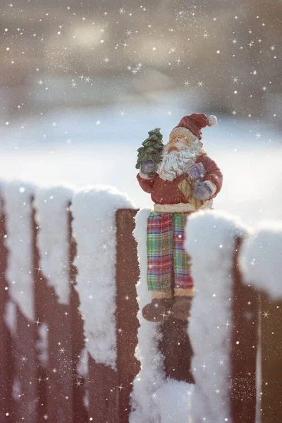 Santa Claus with Christmas tree sits on the fence. Winter snowy day. Concept for Christmas, New Year cards. Open air, Outdoor, natural background.