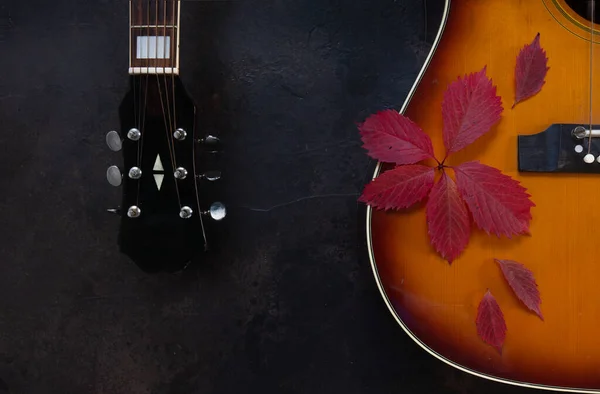 Gitara Akustyczna Czerwone Jesienne Liście Ciemnym Brązowym Tle — Zdjęcie stockowe