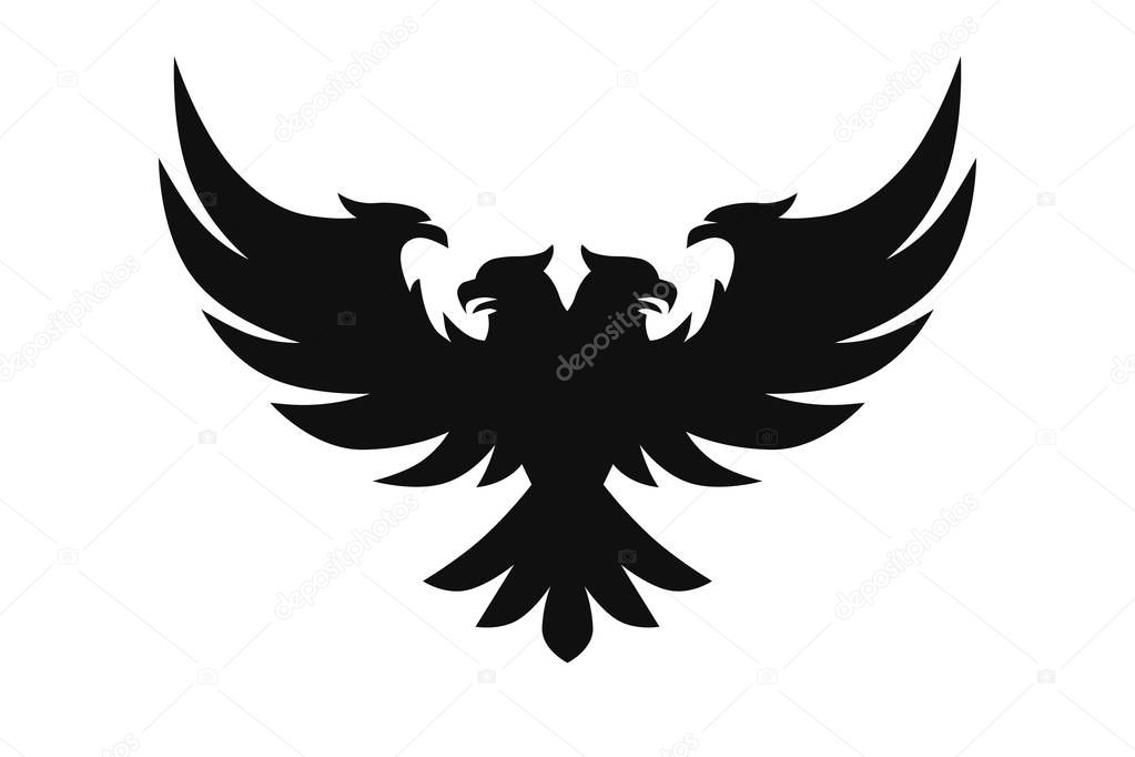 Heraldic black eagle, falcons and hawks set spread wings, isolated on white background
