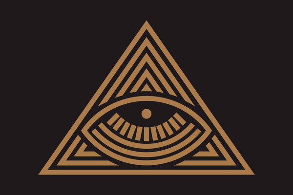 All seeing eye in delta triangle. Pyramid and freemasonry icon, new world order emblem, vector illustration