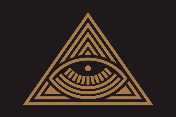 All seeing eye in delta triangle. Pyramid and freemasonry icon, new world order emblem, vector illustration