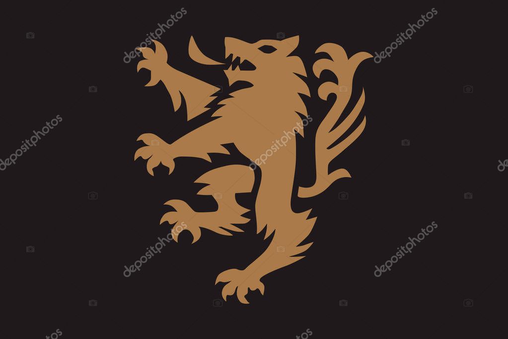 A pet dog or wolf animal in a rampant heraldic coat of arms pose standing on hind legs
