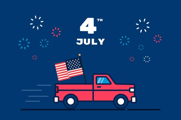 Pickup Truck Flat Style American Flag Independence Day July — Stock Vector