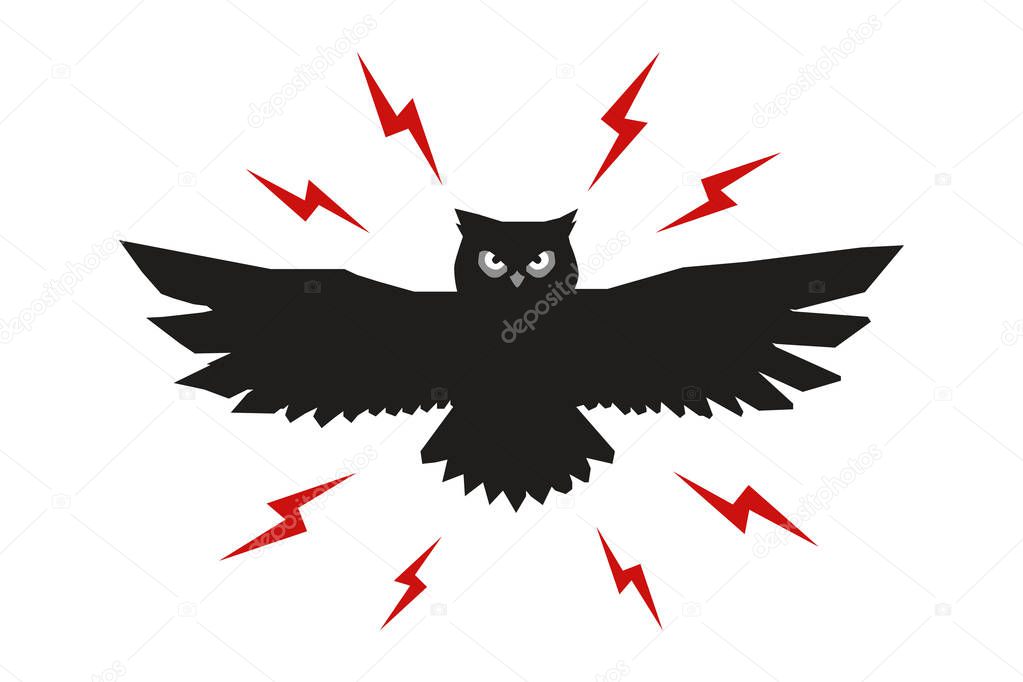 Owl emblem in geometric hipster style with arrow and beams. Vector line icon.