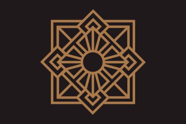 Soyut amblemi kutsal kutsal kişilerin resmi üstünde geometrik güneşi ile trendy lineer tarzda. Vektör grafik tasarım logo, Yazdır, etiket, rozet, etiket, amblem, işaret, kimlik.