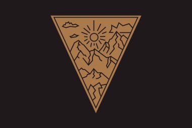 Doğa manzara ile güzel vektör illüstrasyon - dağlar, güneş ışınları güneş. Dövme sanatı. Sonsuz alan, meditasyon, seyahat, turizm sembolleri.