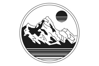 Doğa peyzaj ile güzel vektör illüstrasyon-dağlar, Güneş ve nehir güneşlenmek. Dövme sanatı. Sonsuz alan, meditasyon, seyahat, turizm sembolleri.