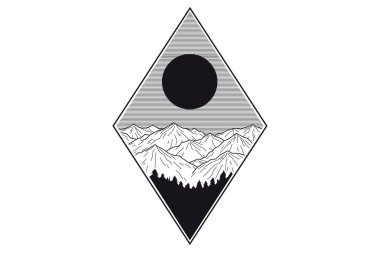 Doğa peyzaj ile güzel vektör illüstrasyon-dağlar, Güneş ve nehir güneşlenmek. Dövme sanatı. Sonsuz alan, meditasyon, seyahat, turizm sembolleri.