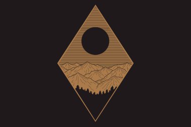 Doğa peyzaj ile güzel vektör illüstrasyon-dağlar, Güneş ve nehir güneşlenmek. Dövme sanatı. Sonsuz alan, meditasyon, seyahat, turizm sembolleri.