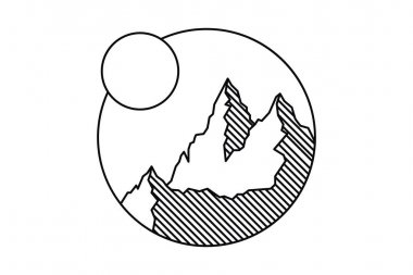 Doğa peyzaj ile güzel vektör illüstrasyon-dağlar, Güneş ve nehir güneşlenmek. Dövme sanatı. Sonsuz alan, meditasyon, seyahat, turizm sembolleri.