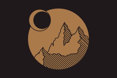 Doğa peyzaj ile güzel vektör illüstrasyon-dağlar, Güneş ve nehir güneşlenmek. Dövme sanatı. Sonsuz alan, meditasyon, seyahat, turizm sembolleri.