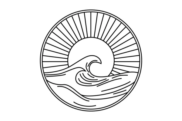 矢量海景插图 夏季海洋与和太阳 标志在一个圆圈 — 图库矢量图片