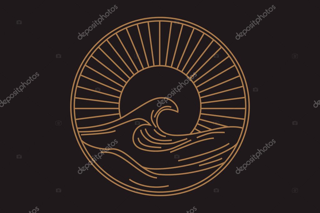 Vector seascape illustration, summer sea with big wave and sun, logo in a circle