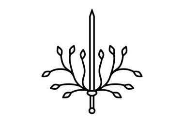 Kılıç, güneş ışınları ve ağaçların yaprakları. Logo ya da arma tasarımı