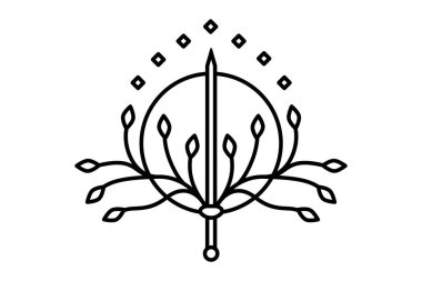 Kılıç, güneş ışınları ve ağaçların yaprakları. Logo ya da arma tasarımı