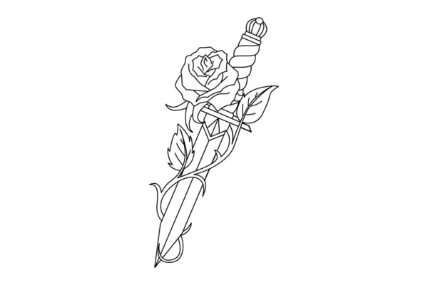 Tatuaje Tradicional Con Flor Rosa Cuchillo Daga — Vector de stock