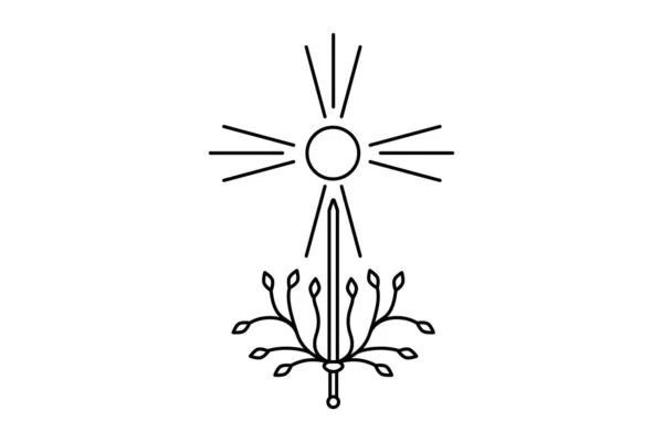 剑和太阳的光芒 还有树叶 纹章或纹章图案 — 图库矢量图片