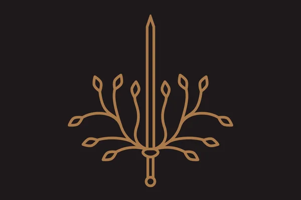 Меч Лучи Солнца Листья Деревьев Логотип Дизайн Герба — стоковый вектор