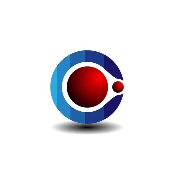Bola roja grande en un círculo de gradiente azul rodando en un pequeño logotipo de bola roja — Vector de stock