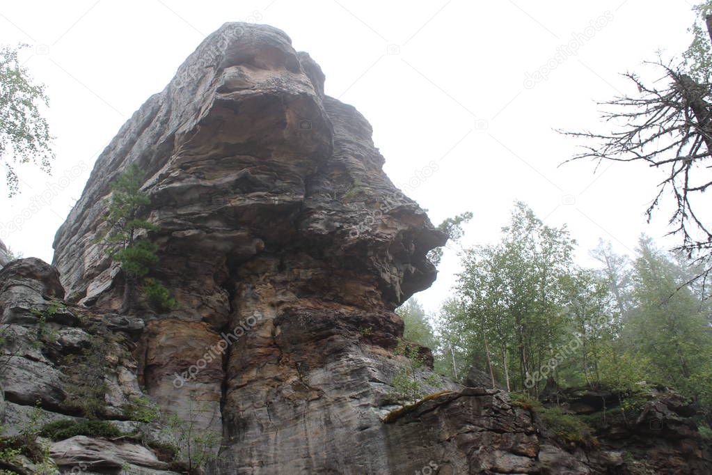 photo landscape of forest and stones on the mountain / Photo beautiful landscape of the Ural mountains.On the Stone mountain forest and stones of different sizes: large and small.There are paths.Travelers often visit these places.Photo summer in Russ