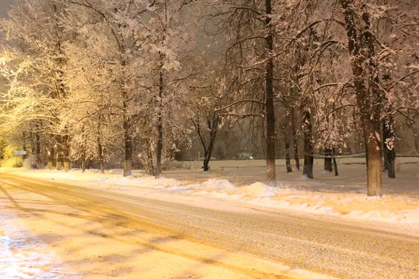 Fotoğraf peyzaj karlı akşam kış / kış kar Russia.He içinde bir çok yerde yatıyordu ve ağaçlar kabarık ve soğuk. Parkta fener ışığı altında akşamları çok güzelmiş.