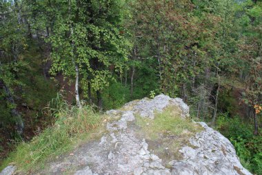 Ormandaki taşlarla Rusya'da Urals yaz aylarında manzara. / Urallar Rusya'nın renkli doğada. İçinde belgili tanımlık fotoğraf manzara orman dağ alanında. Zaman yıl yaz. Ağaçların yaprakları yeşil, gri taşlar.