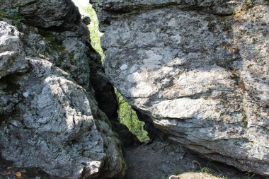 Ormandaki taşlarla Rusya'da Urals yaz aylarında manzara. / Urallar Rusya'nın renkli doğada. İçinde belgili tanımlık fotoğraf manzara orman dağ alanında. Zaman yıl yaz. Ağaçların yaprakları yeşil, gri taşlar.