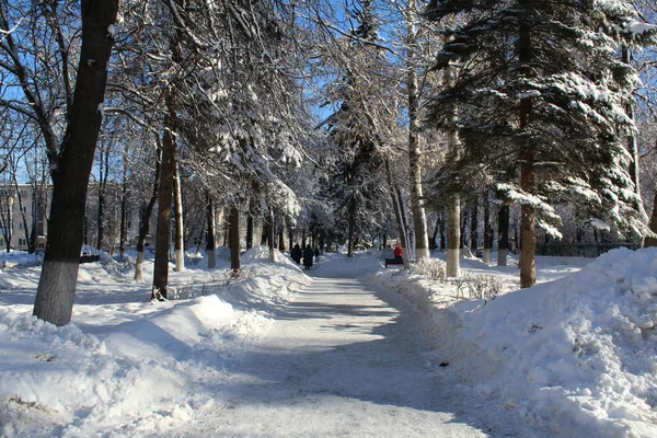 市内で雪に覆われた路地 街の路地の写真します 冬のシーズン 雪がたくさん この日は晴れ 空が青い 雪のシーズンの都市の美しい風景 — ストック写真