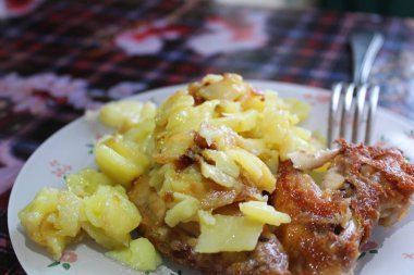 ızgara tavuk kanatlı patates kızartması / Fotoğraf Gıda öğle, akşam yemeği veya Breakfast.the ikinci tabak potatoes.to garnitür meat.fried tavuk kanadı oven.delicious, lezzetli yemek pişmiş koymak kavrulmuş.