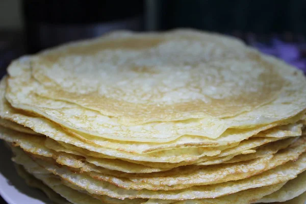 Big Stack Delicious Pancakes Photos Delicious Baked Pancakes Traditional Russian — Stock Photo, Image