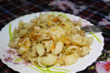 makarna plaka sıcağına fotoğraf. / kızarmış tavuk eti ile pişmiş makarna.kızarmış lahana ve havuç ilave edilir. akşam yemeği için lezzetli besleyici gıda bir tabak, Kahvaltı, öğle yemeği