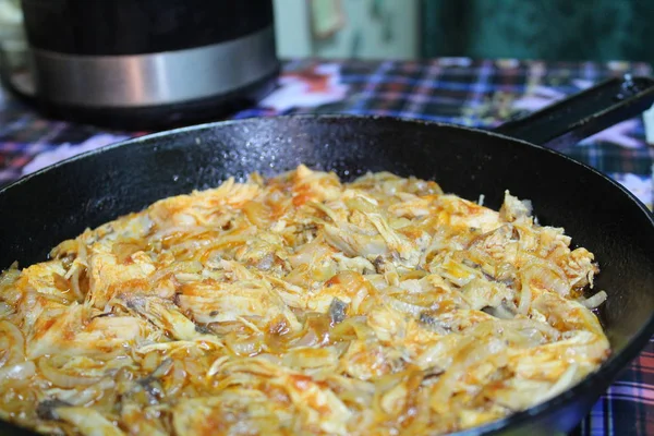 photo fried meat with onions in a pan / chicken in a cast iron pan.meat fried,stewed.added onions.delicious food for lunch.