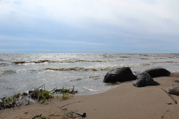 pitoresk, dalgalar ve kıyı ile büyük göl / büyük bir göl fotoğrafı.yüksek dalgalar ile su.kumlu plaj.yeşil çim taşları.güzel. zaman yıl yaz.gökyüzü mavi.bulutlar beyaz.sahil berrak.pitoresk doğa. gölün adı Wh olduğunu