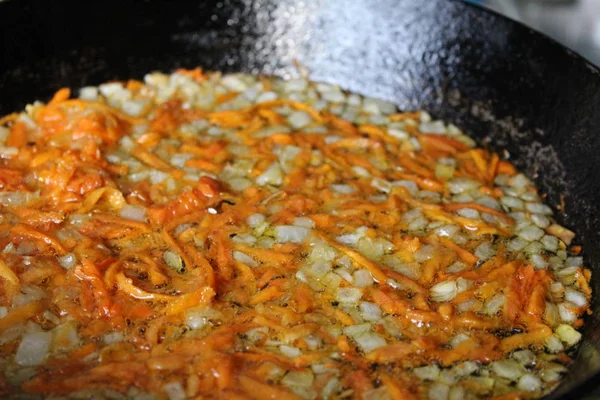 Fried Onions Carrots Skillet Photo Fried Onions Carrots Vegetable Oil — Stock Photo, Image
