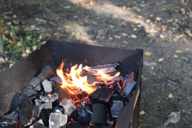 Piknikte kıvılcımlar ve ateş, mangal kömürü ızgarası. Yakıldığında kıvılcımlar ve ateş ortaya çıktı..
