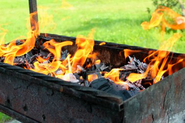 Izgarada yanan ateş piknikte / ateşte çekilen ateşin fotoğrafı. Havada kızaran etin hazırlığı. Yanan kömürlerin yazında.