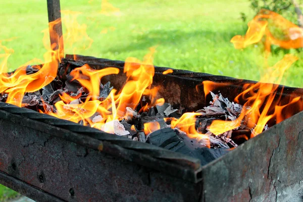 Izgarada yanan ateş piknikte / ateşte çekilen ateşin fotoğrafı. Havada kızaran etin hazırlığı. Yanan kömürlerin yazında.