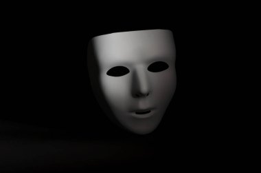boş, duygusuz bir maskeli maske yalın siyah bir arka plan karşı vurgulanır 