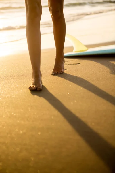Ноги Молодої Серфінгової Жінки Сексуальному Бікіні Ходять Від Серфінгу Дошки — стокове фото
