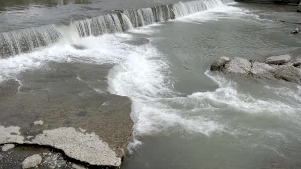 Πόλη Ποτάμι Ορμητικά Ισχυρό Ρεύμα Μέρα Του Καλοκαιριού — Αρχείο Βίντεο